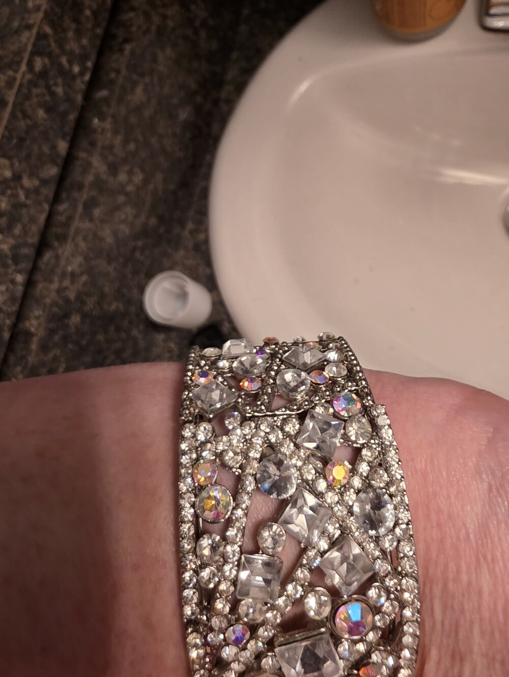 Crystal-Embellished Silver Cuff Bracelet - Clear/Iridescent